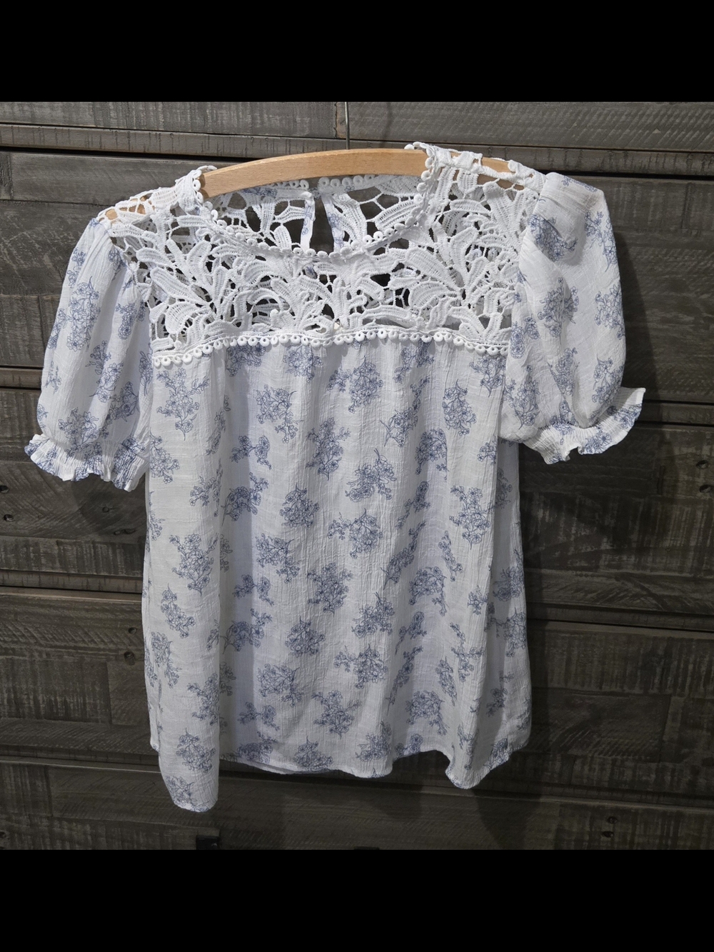 mine White & Blue Floral Crochet Yoke Blouse Cottagecore